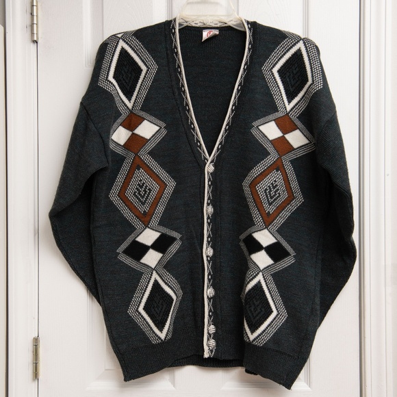 VTG Grandpa Cardigan Sweater Men L Dark Green Geometric Button Up Slouchy Aztec - Picture 1 of 5
